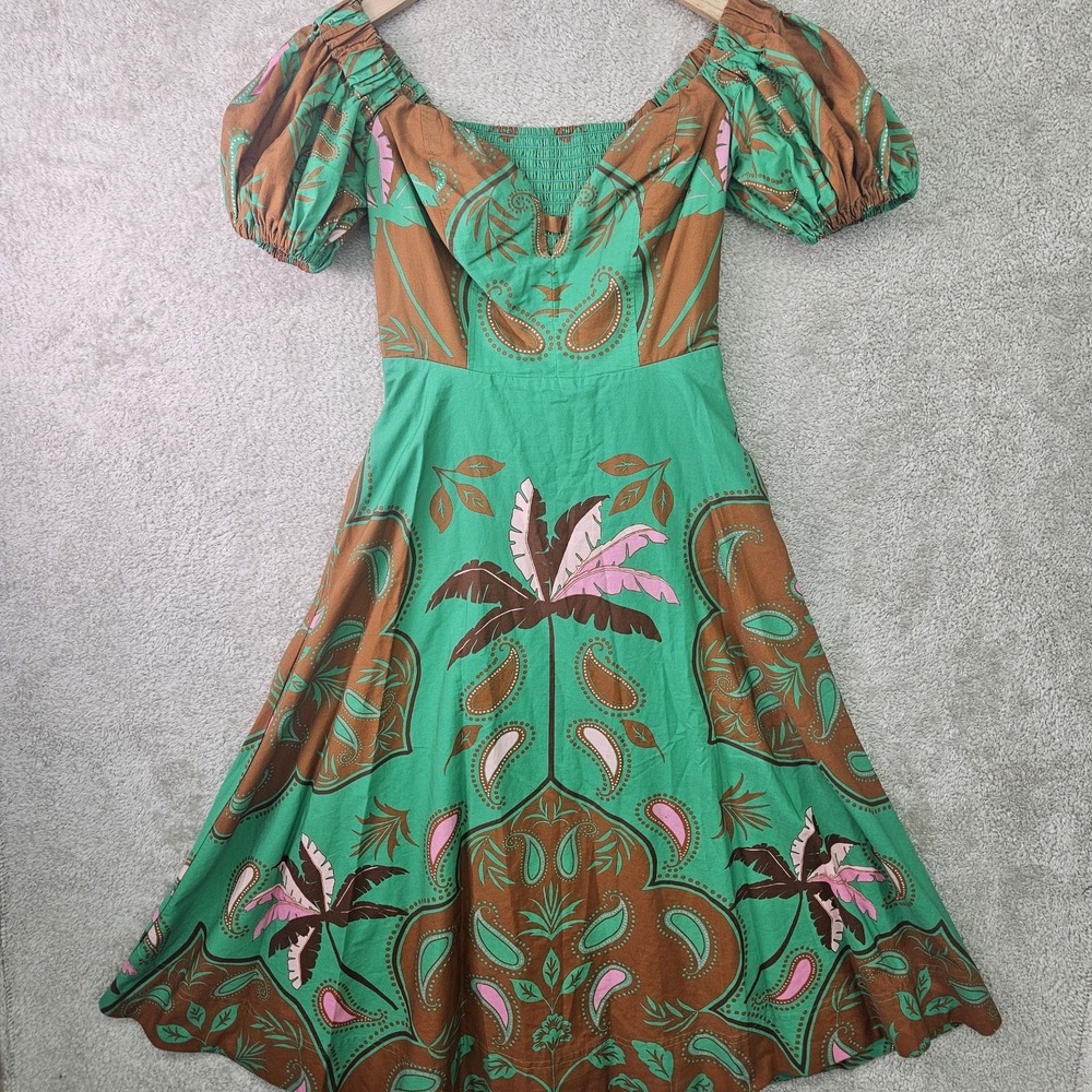 Maeve Anthropologie Dress Womens 2 Green Sweetheart Fit Flare Boho Tropical Midi
